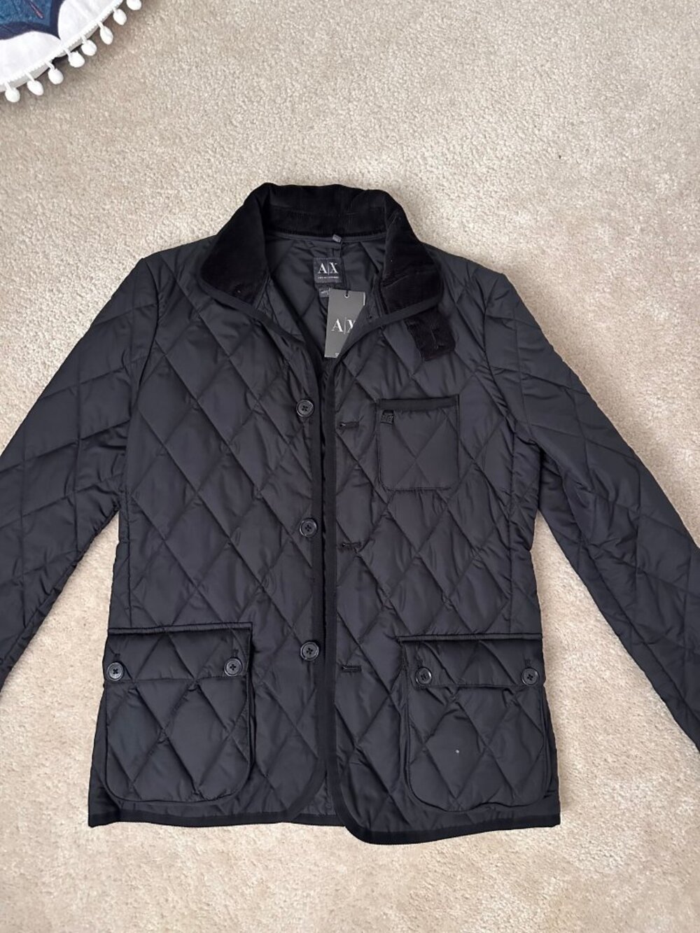 Armani Exchange Men's Black Quilted Barn Jacket Corduroy Collar Sz S NWT
